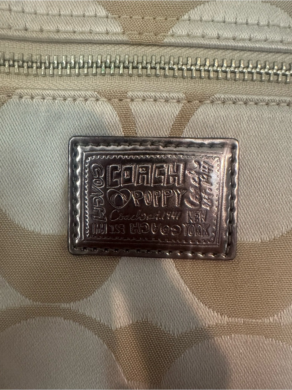 Coach Tan Poppy Signature Tote with Pink Leather Handles & Coach Daisy Keychain - Picture 2 of 13